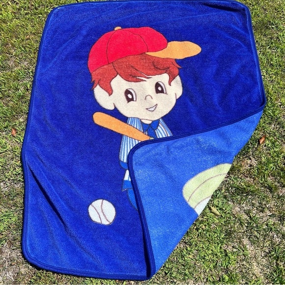 VTG Baby Blanket Baseball Boy Kawaii Precious Memories Style Fuzzy Blue 43x55 - Picture 2 of 9